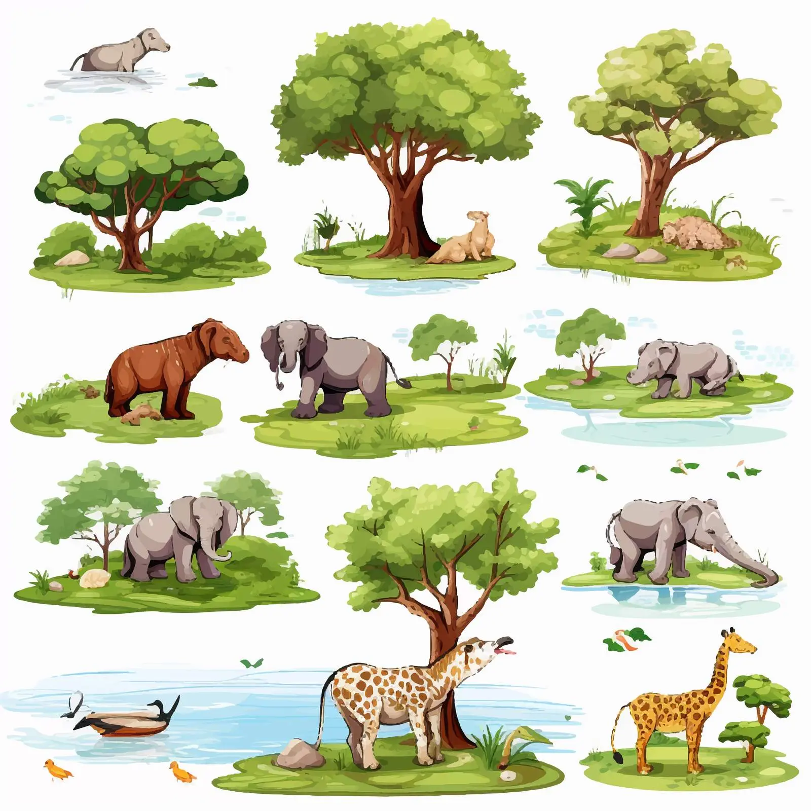 Wild Animals in Park with Pond and Tree — free download from Dotvec