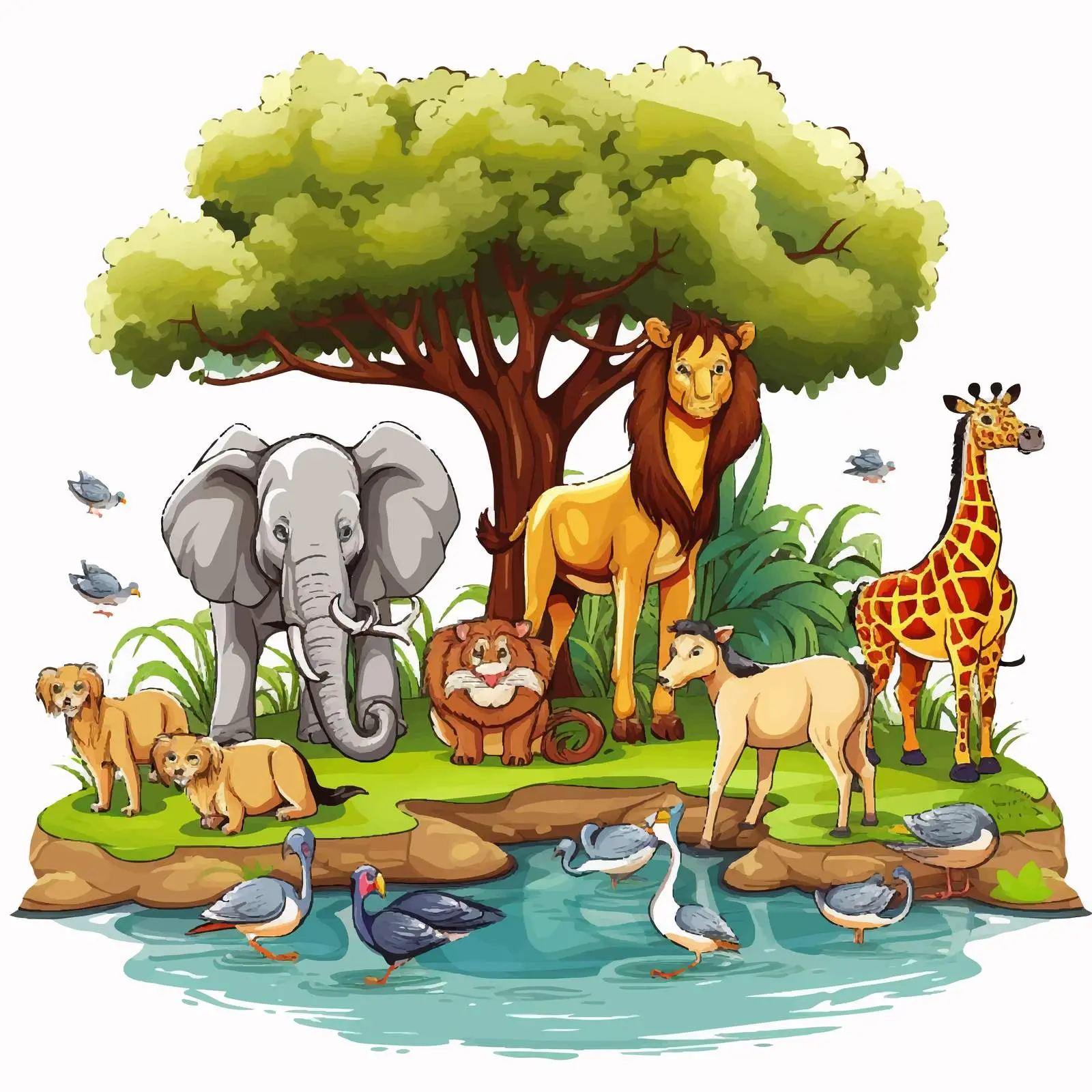 Wild Animals in Park with Pond and Tree — free download from Dotvec