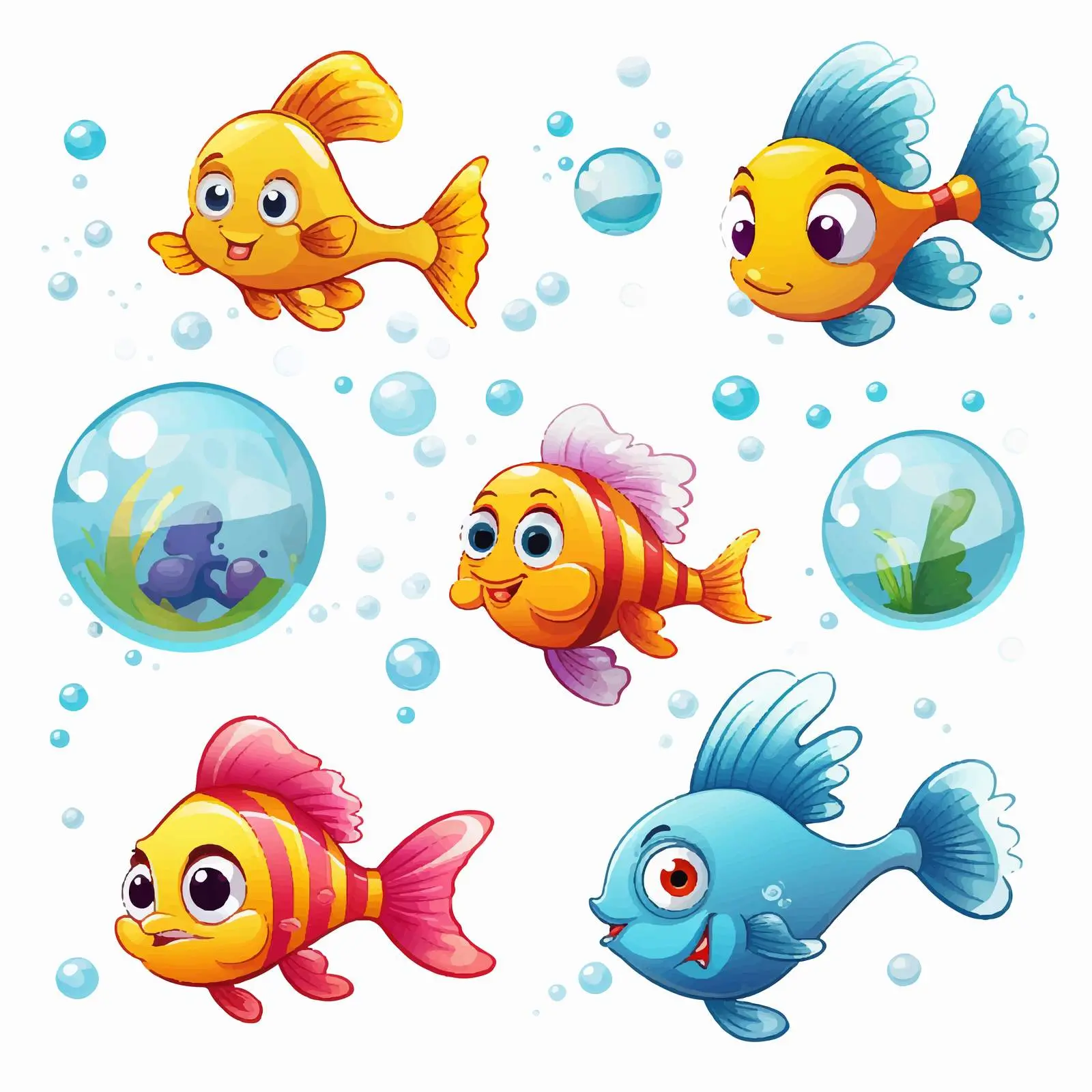Seven Colorful Fish Swimming with Bubbles — free download from Dotvec