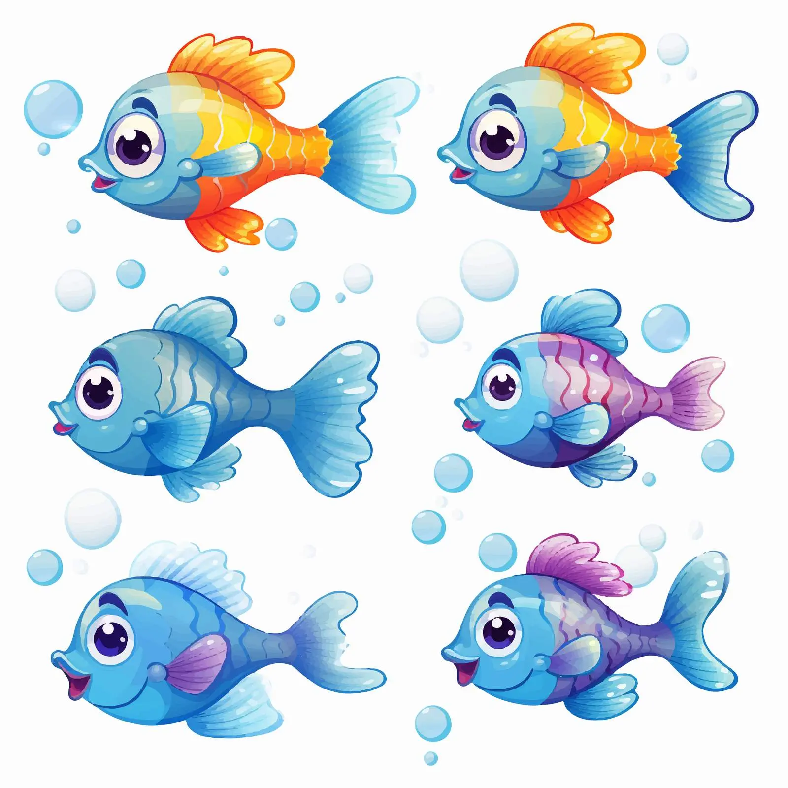 Seven Fish Swimming and Blowing Bubbles Vector — free download from Dotvec