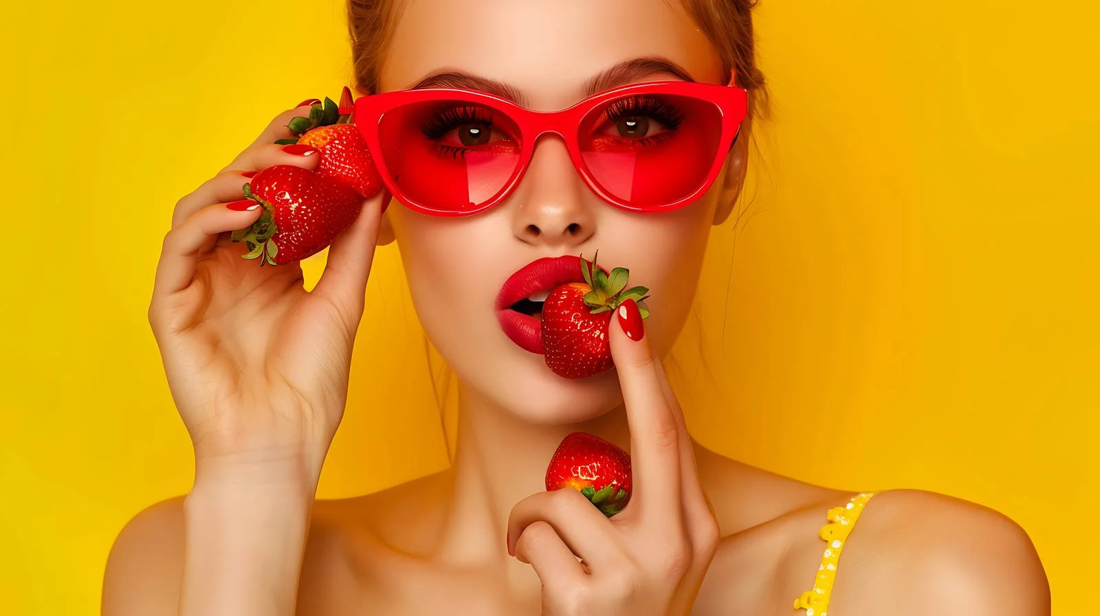 Elegant lady in stylish red sunglasses nibbles — free download from Dotvec