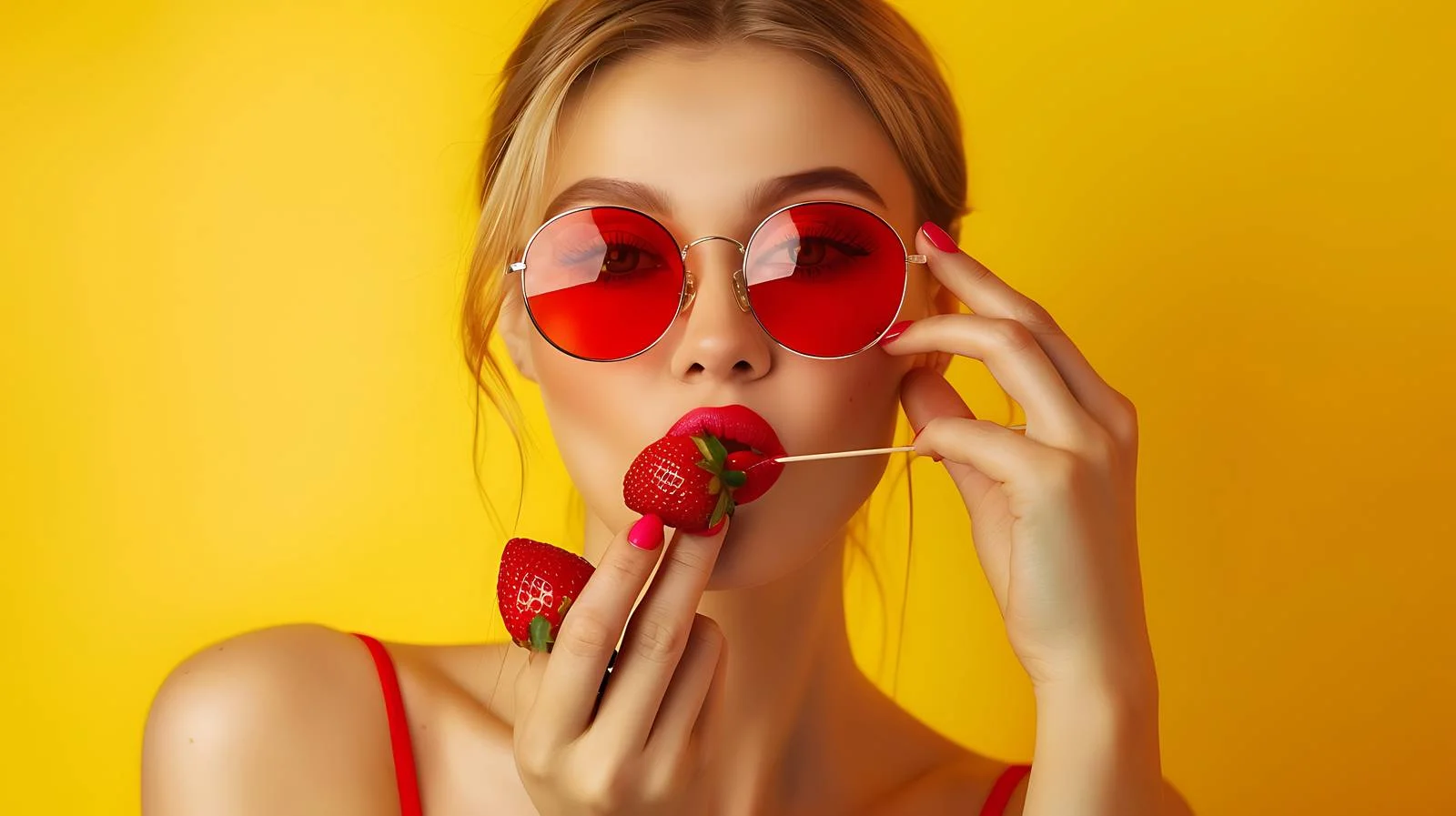 Stylish lady in red sunglasses eating — free download from Dotvec