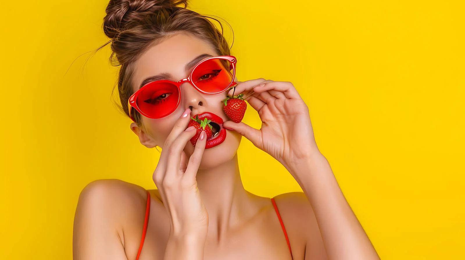 Elegant woman in stylish red sunglasses enjoying snack — free download from Dotvec