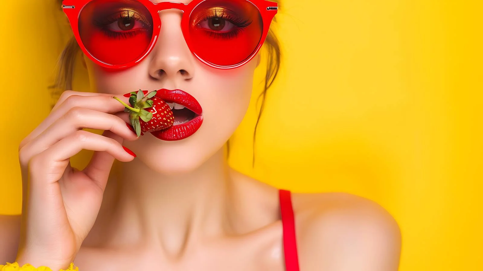 Fashionable lady in chic red sunglasses eating — free download from Dotvec