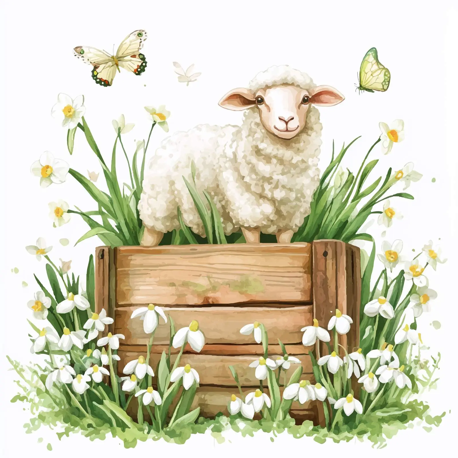 Wooden Box with Sheep and Spring Flowers — free download from Dotvec
