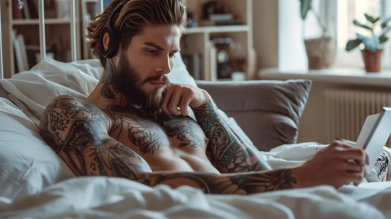 Tattooed man listening to music outdoors — free download from Dotvec