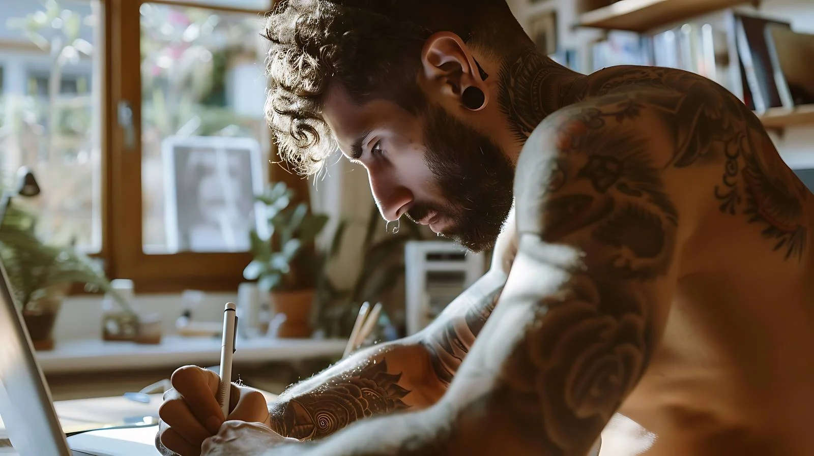 Muscular tattooed man enjoying music outdoors — free download from Dotvec