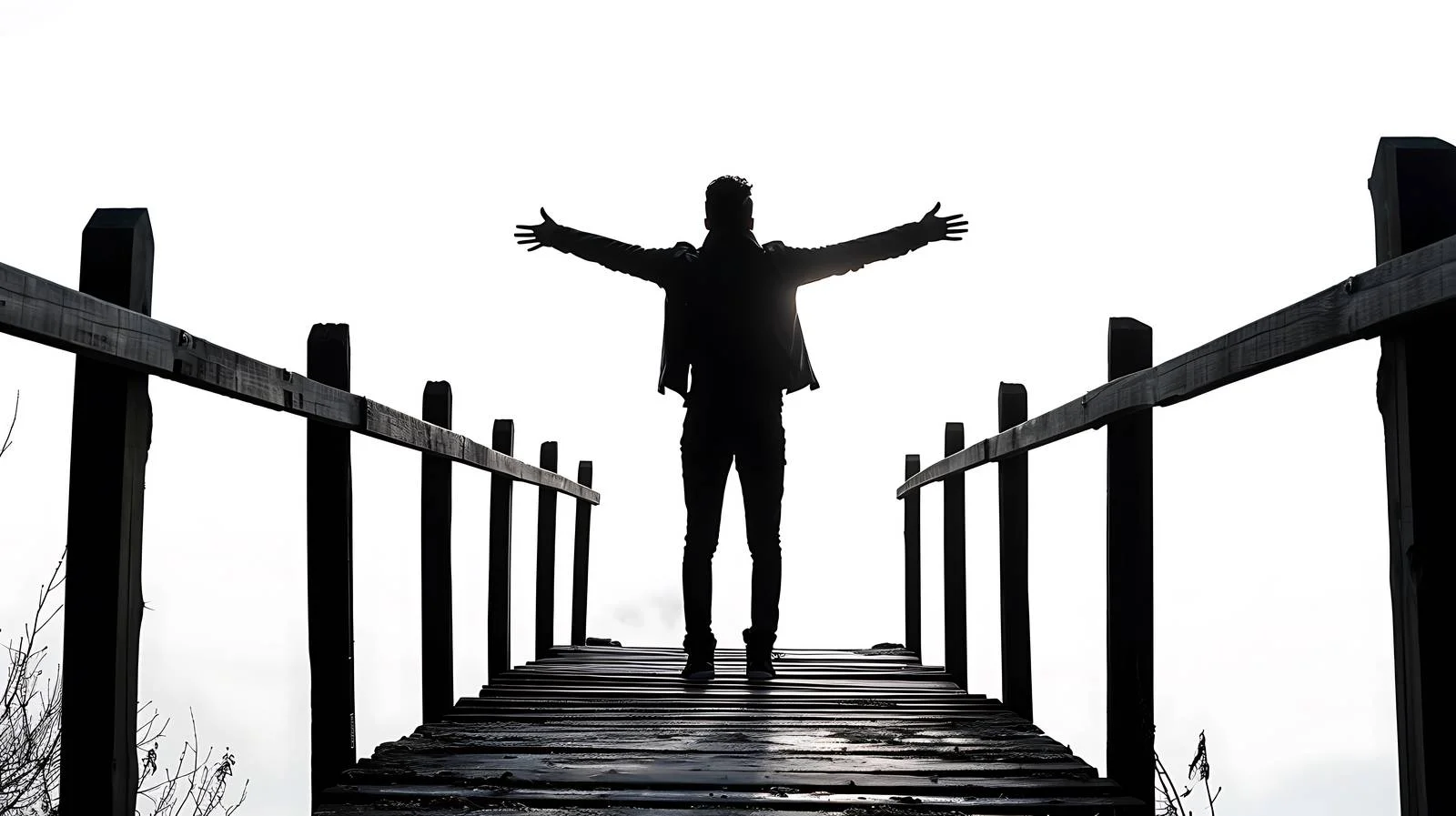 Man Embracing Nature on Wooden Footbridge — free download from Dotvec