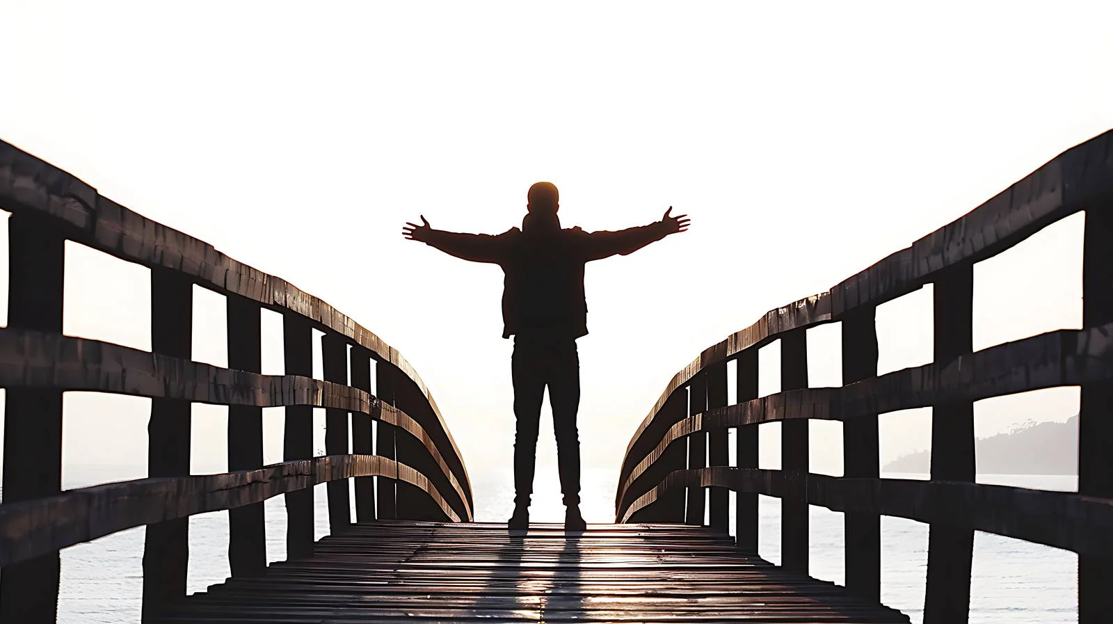 Silhouette Man Open Arms Wooden Footbridge — free download from Dotvec