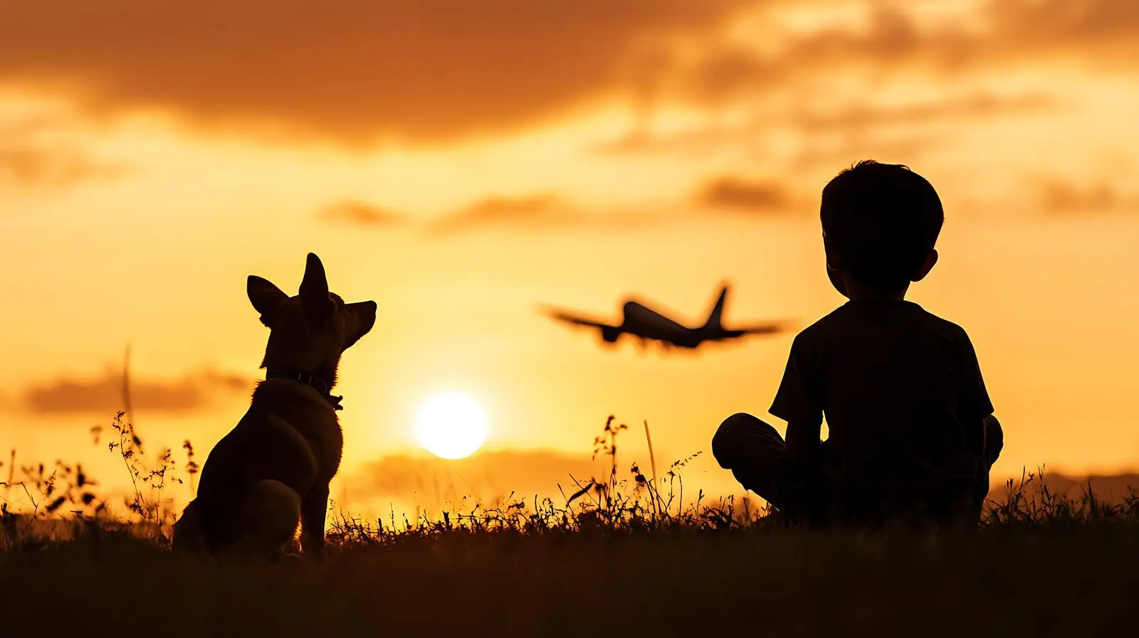Boy and Dog Silhouette at Sunset with Aircraft — free download from Dotvec