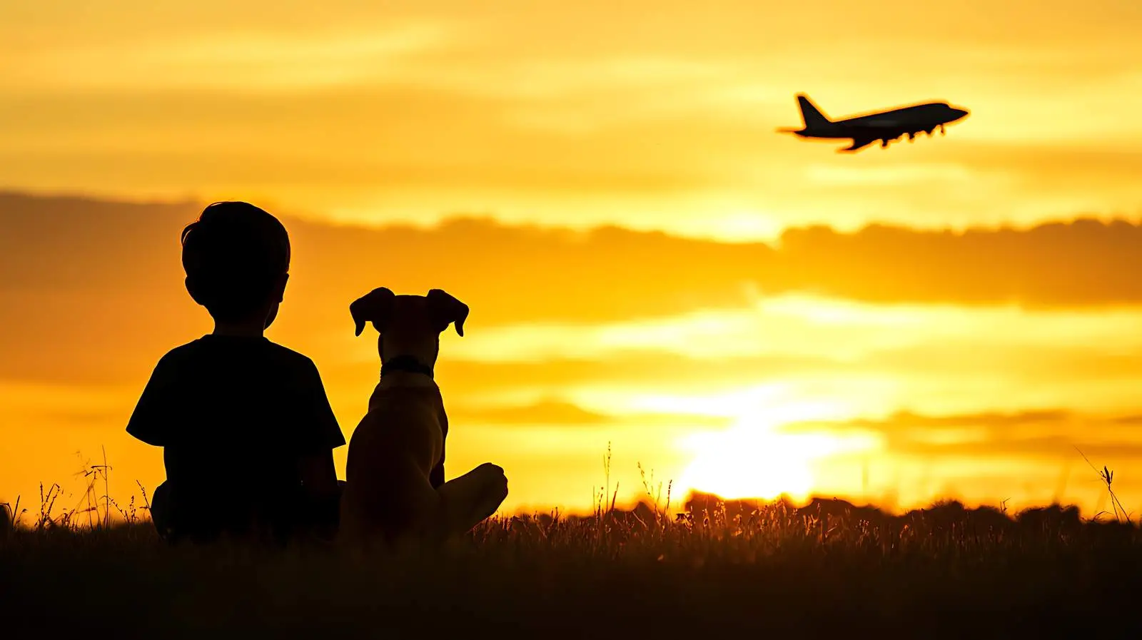 Boy and Dog Silhouette at Sunset with Aircraft — free download from Dotvec