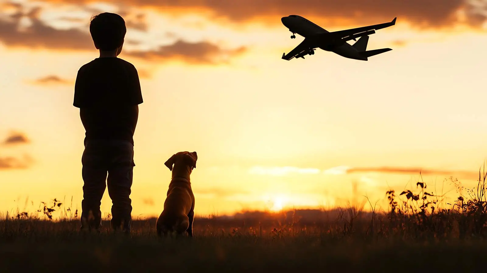 Boy and Dog Silhouette at Sunset with Aircraft – free dusk image from Dotvec