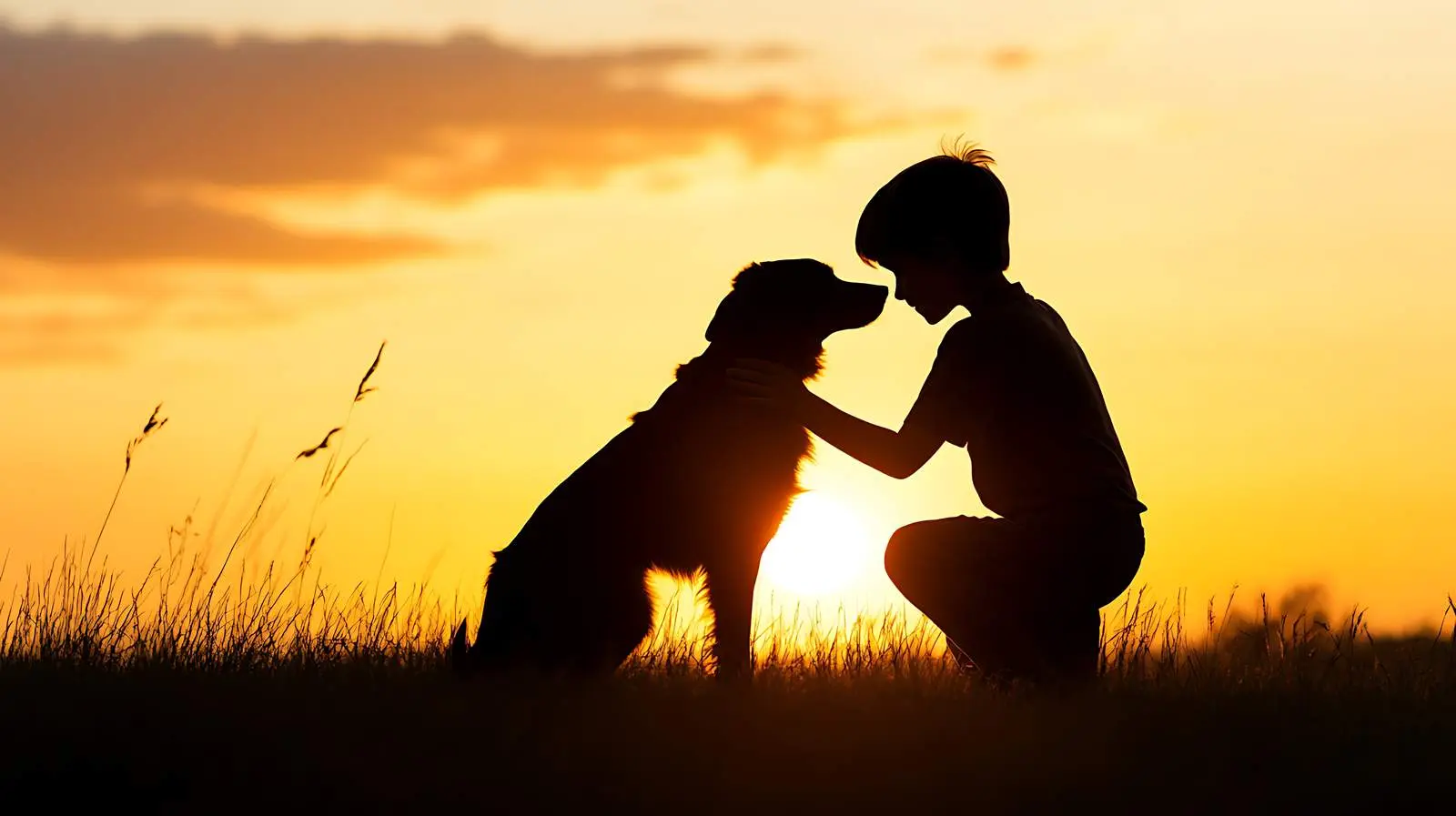 Silhouette of Boy Embracing Dog at Sunset — free download from Dotvec