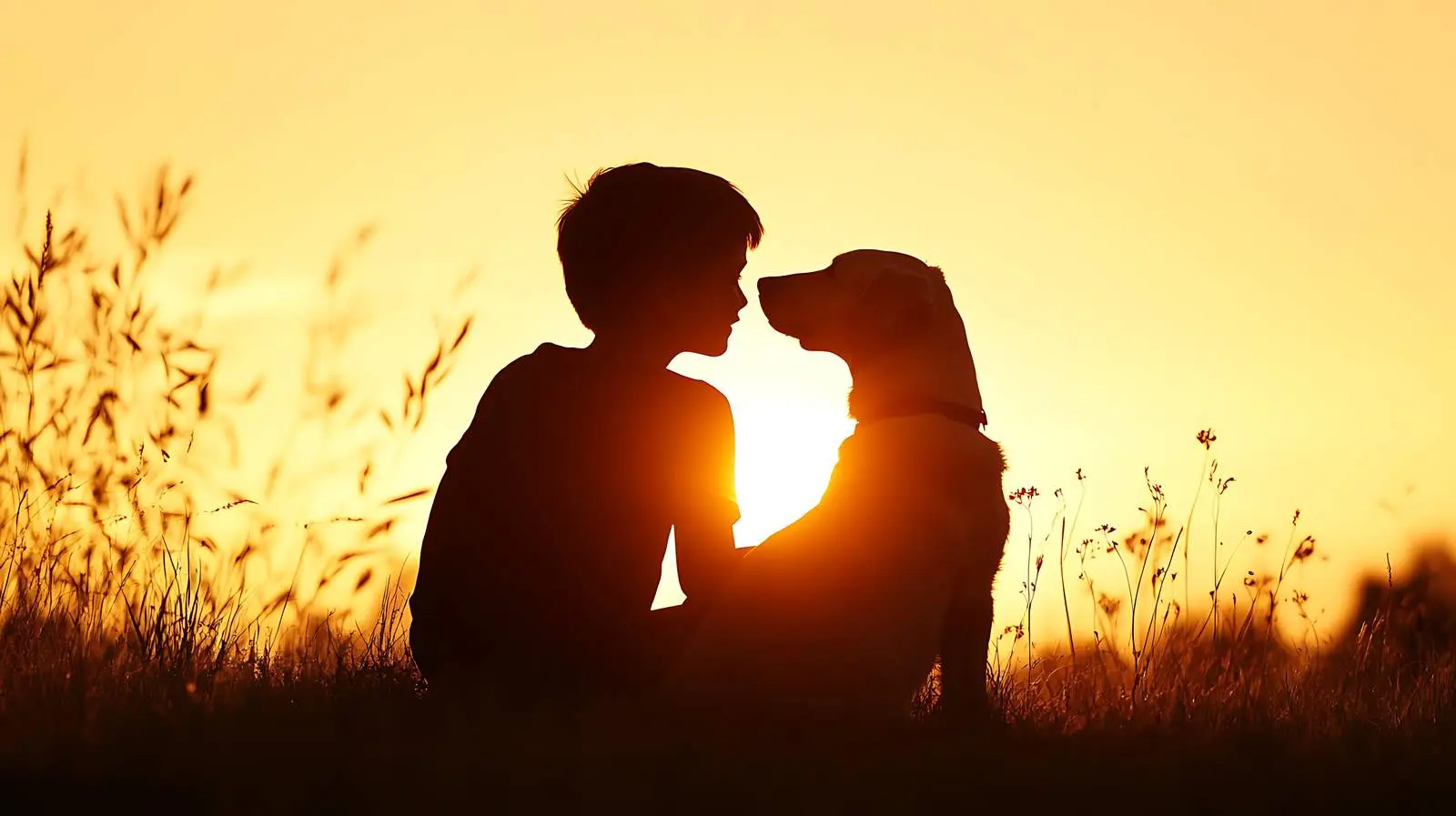 Boy and Dog Embracing at Sunset Silhouette — free download from Dotvec