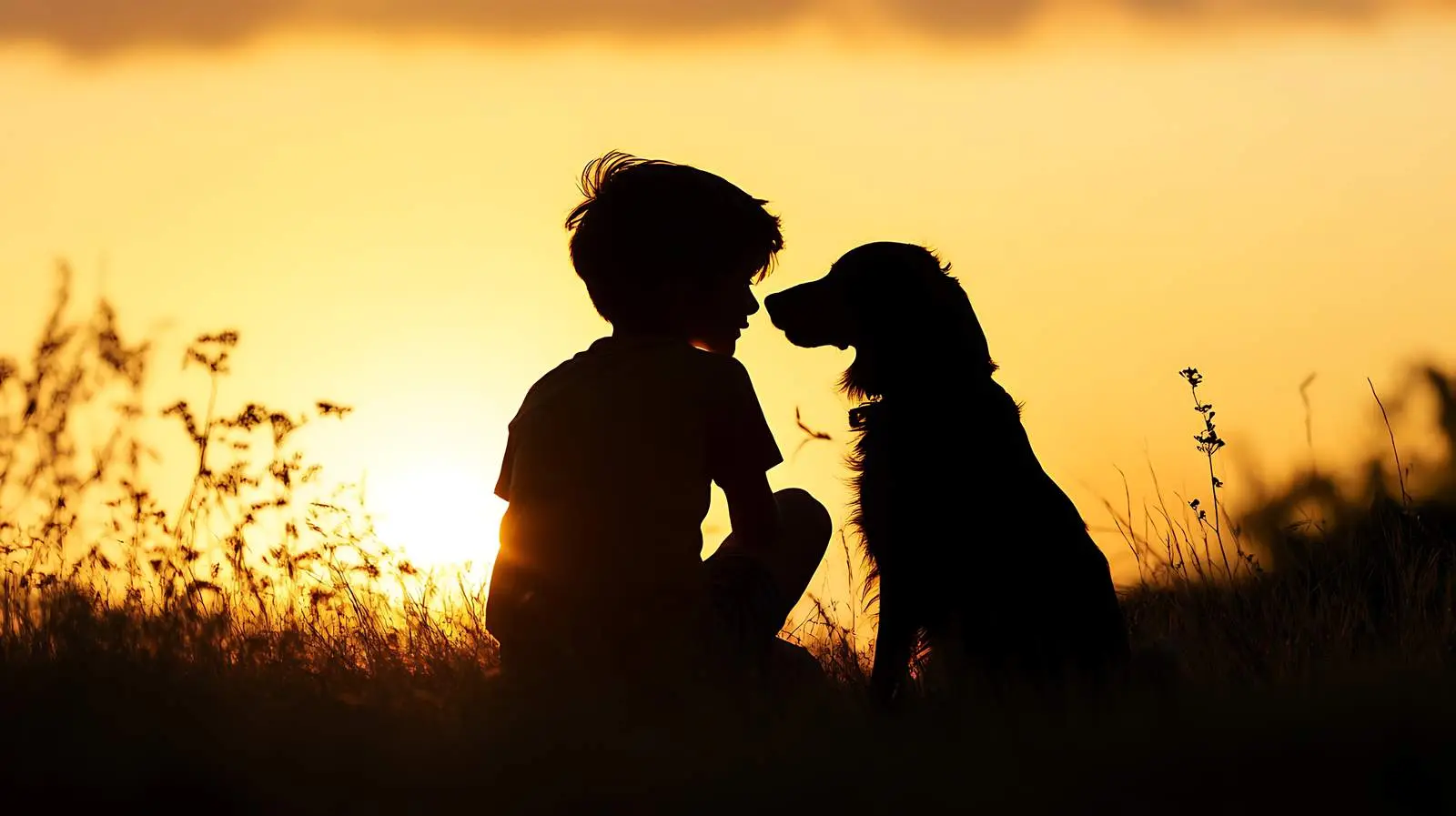 Boy and Dog Embrace Silhouette at Sunset — free download from Dotvec