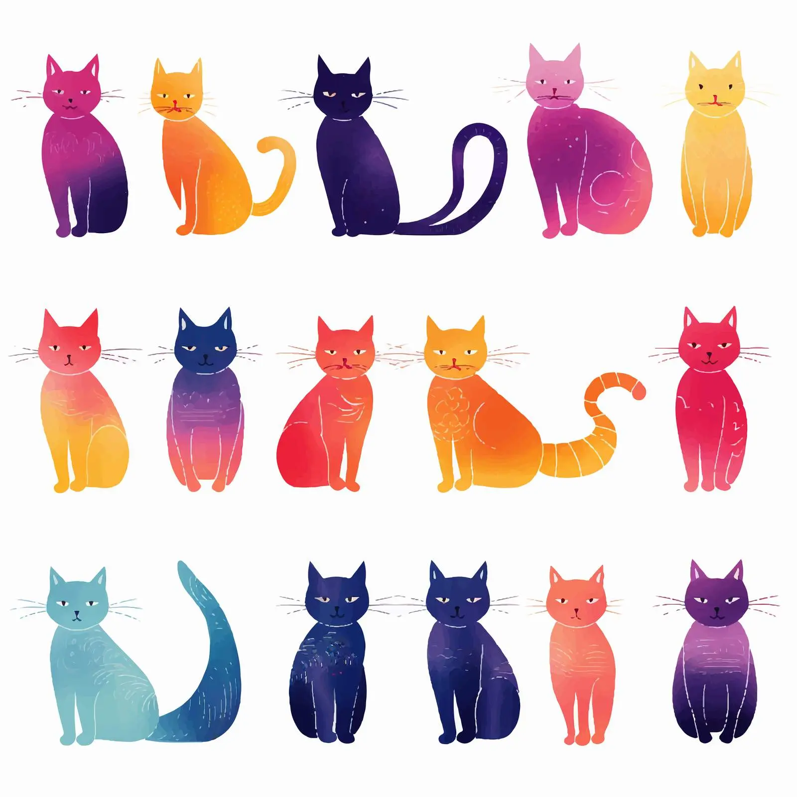 Colorful Cat Silhouettes on White Background – free funny cat image from Dotvec
