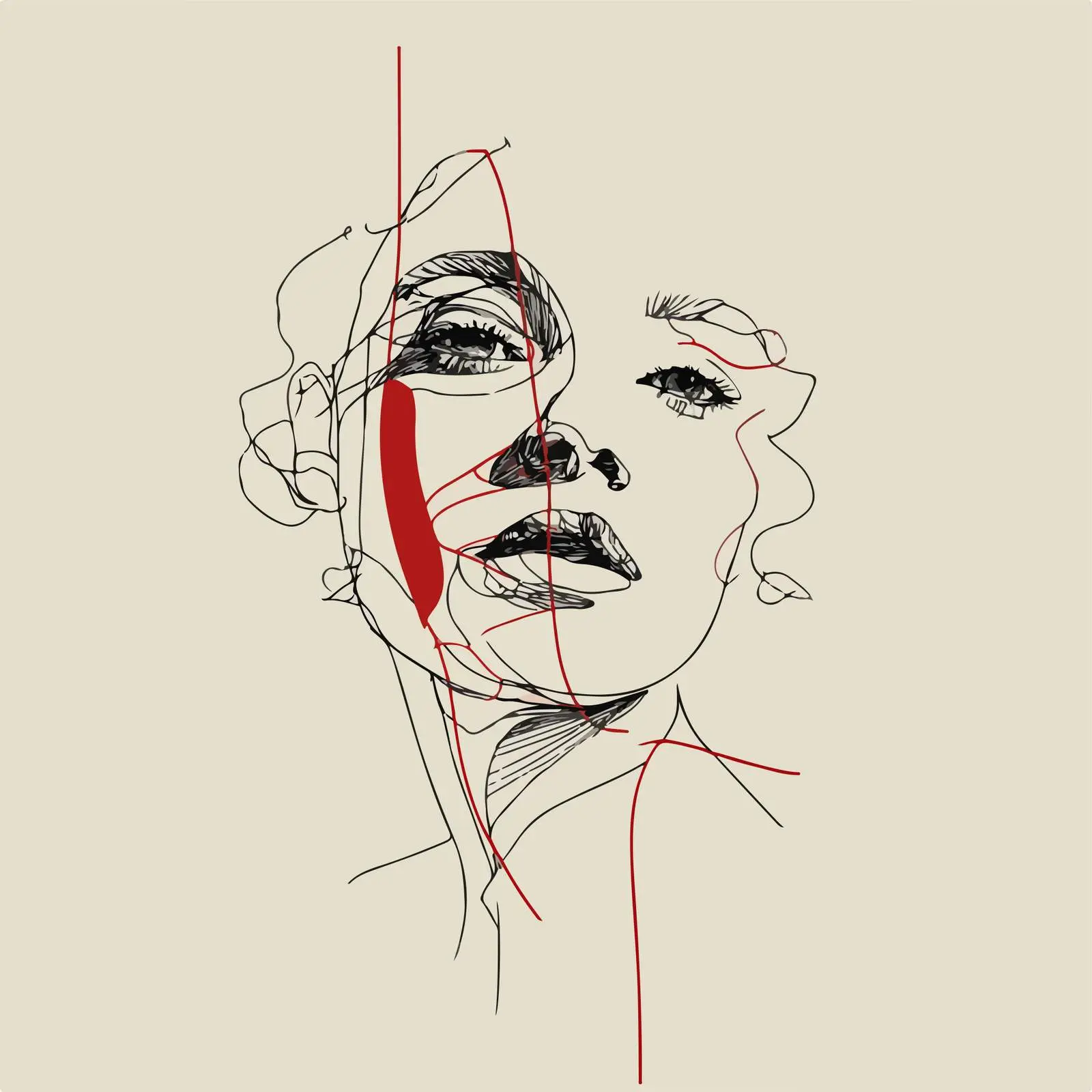 Abstract Portrait Line Illustration with Red — free download from Dotvec