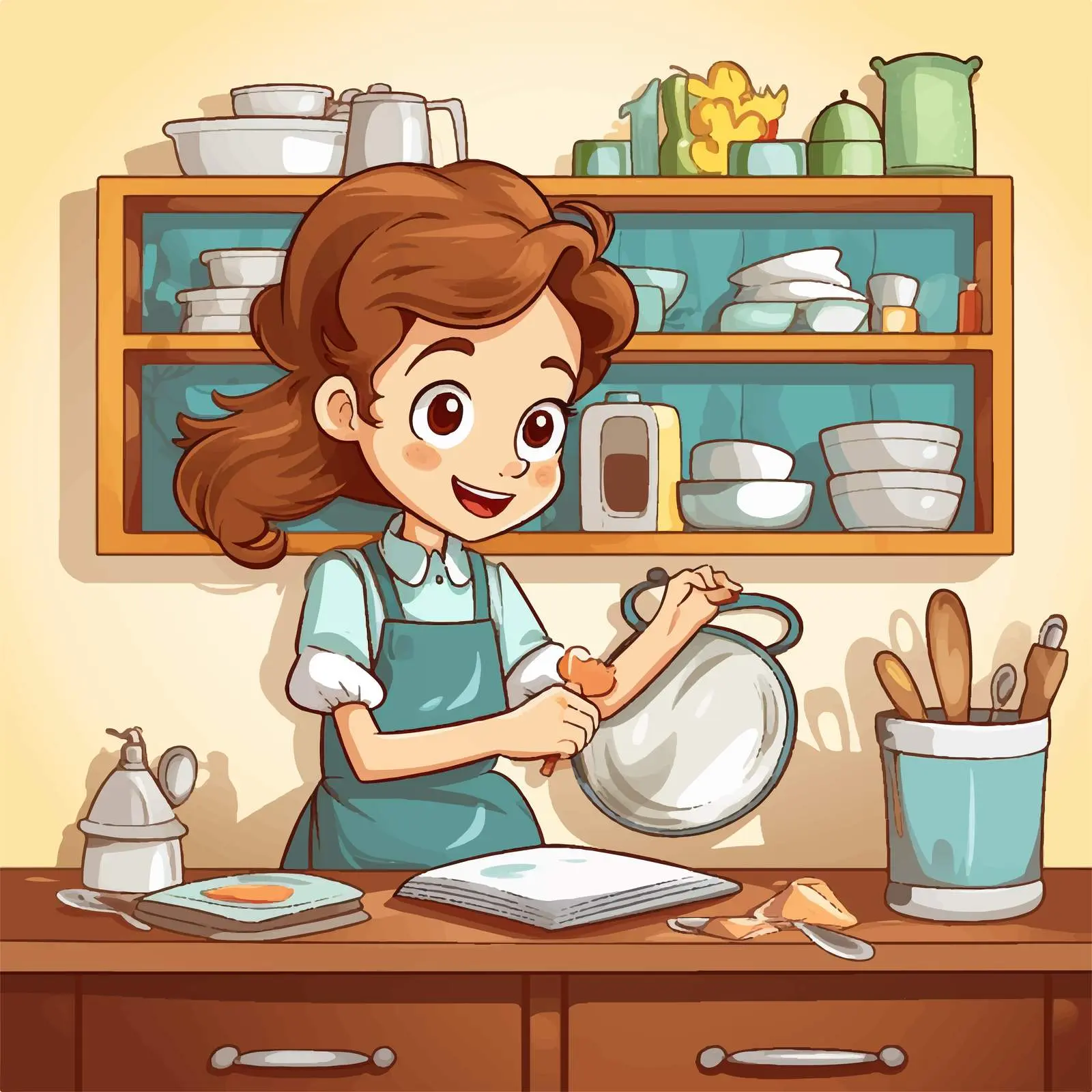 Sister Cleaning Dishes in Kitchen Illustration — free download from Dotvec
