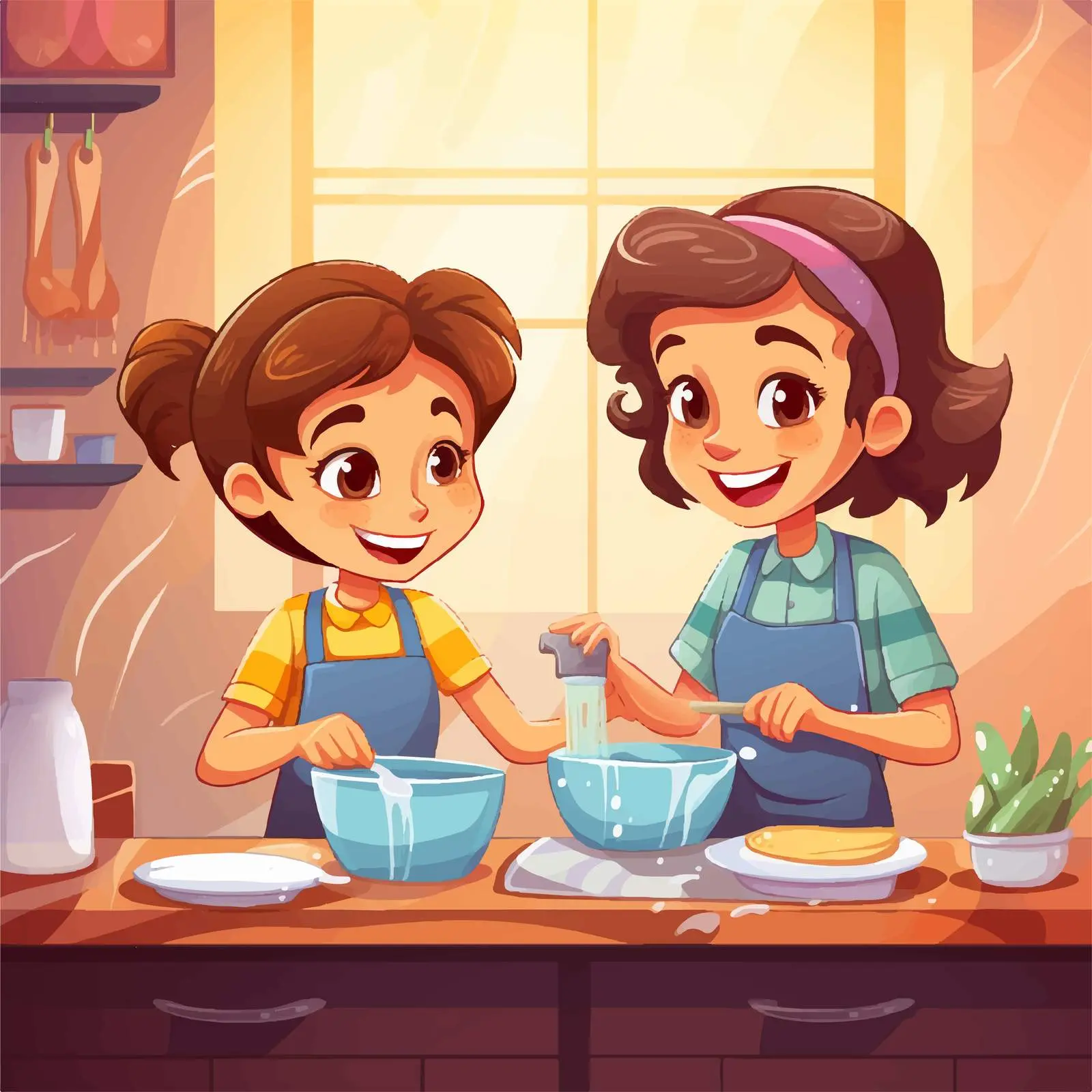 Sister Cleaning Dishes in Kitchen Illustration — free download from Dotvec