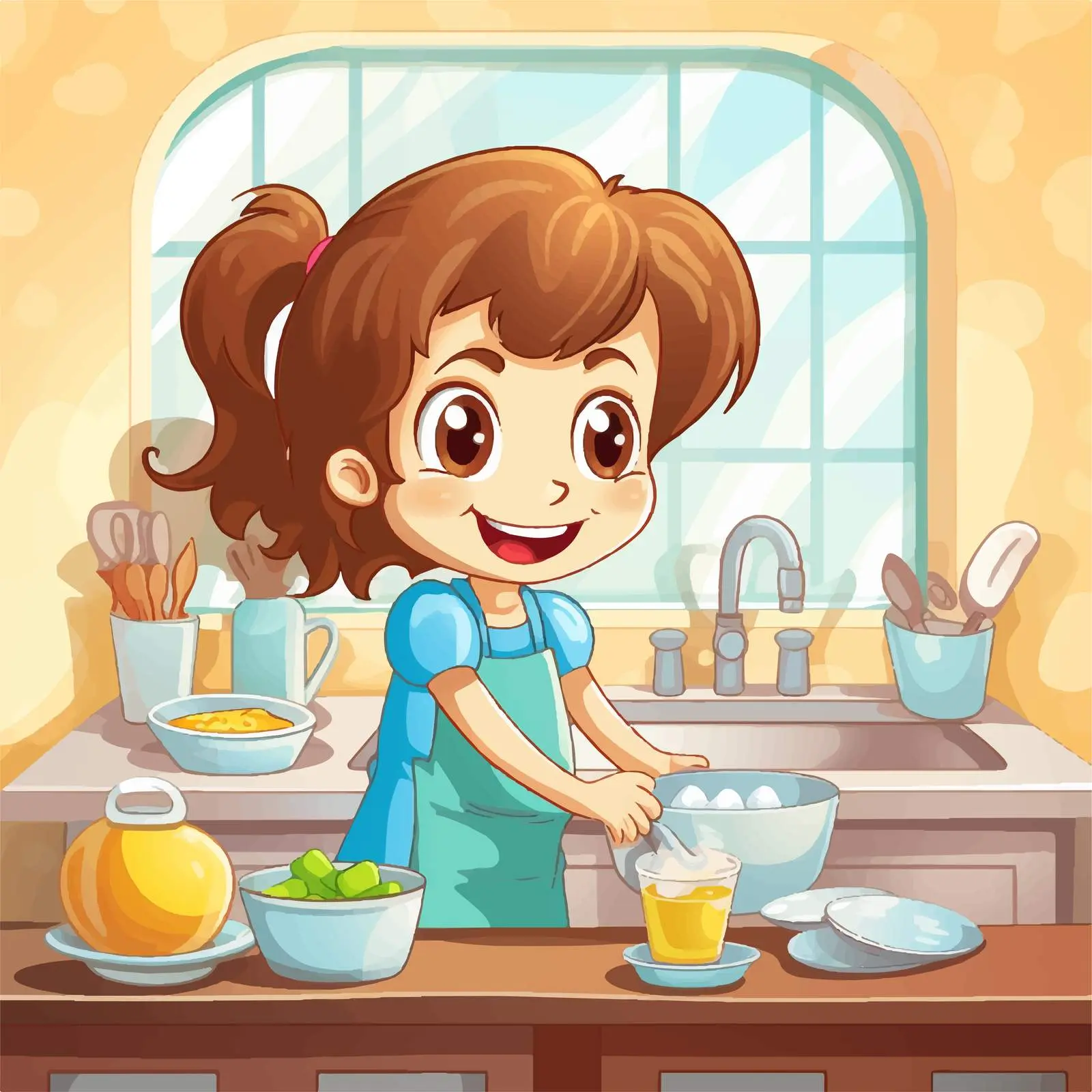 Sister Cleaning Dishes in Kitchen Illustration — free download from Dotvec