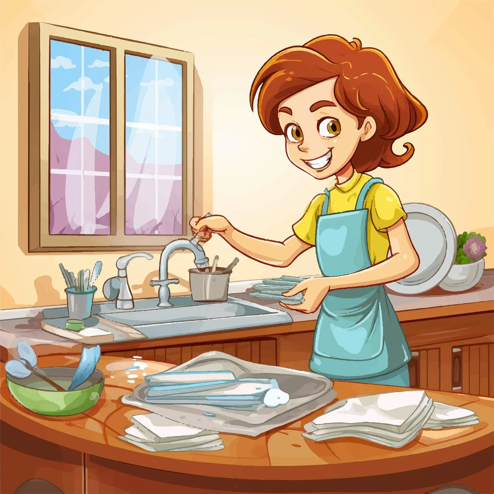 Sister Cleaning Dishes in Kitchen Illustration — free download from Dotvec