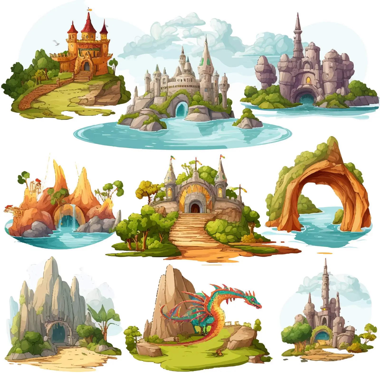 Fantasy Worlds with Dragons in Vectors — free download from Dotvec