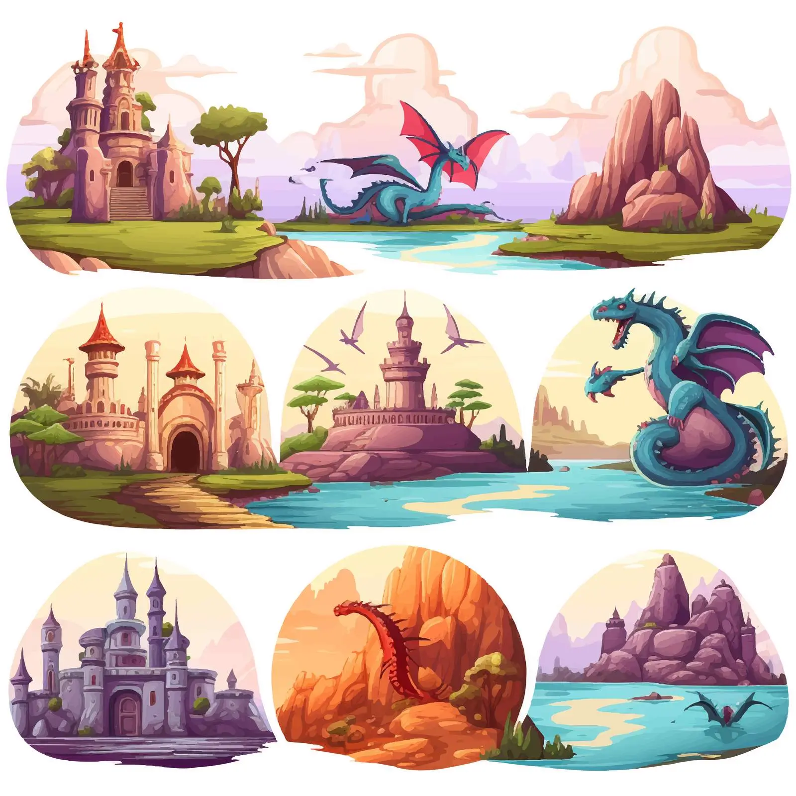 Fantasy World Scenes with Dragons and Adventure — free download from Dotvec