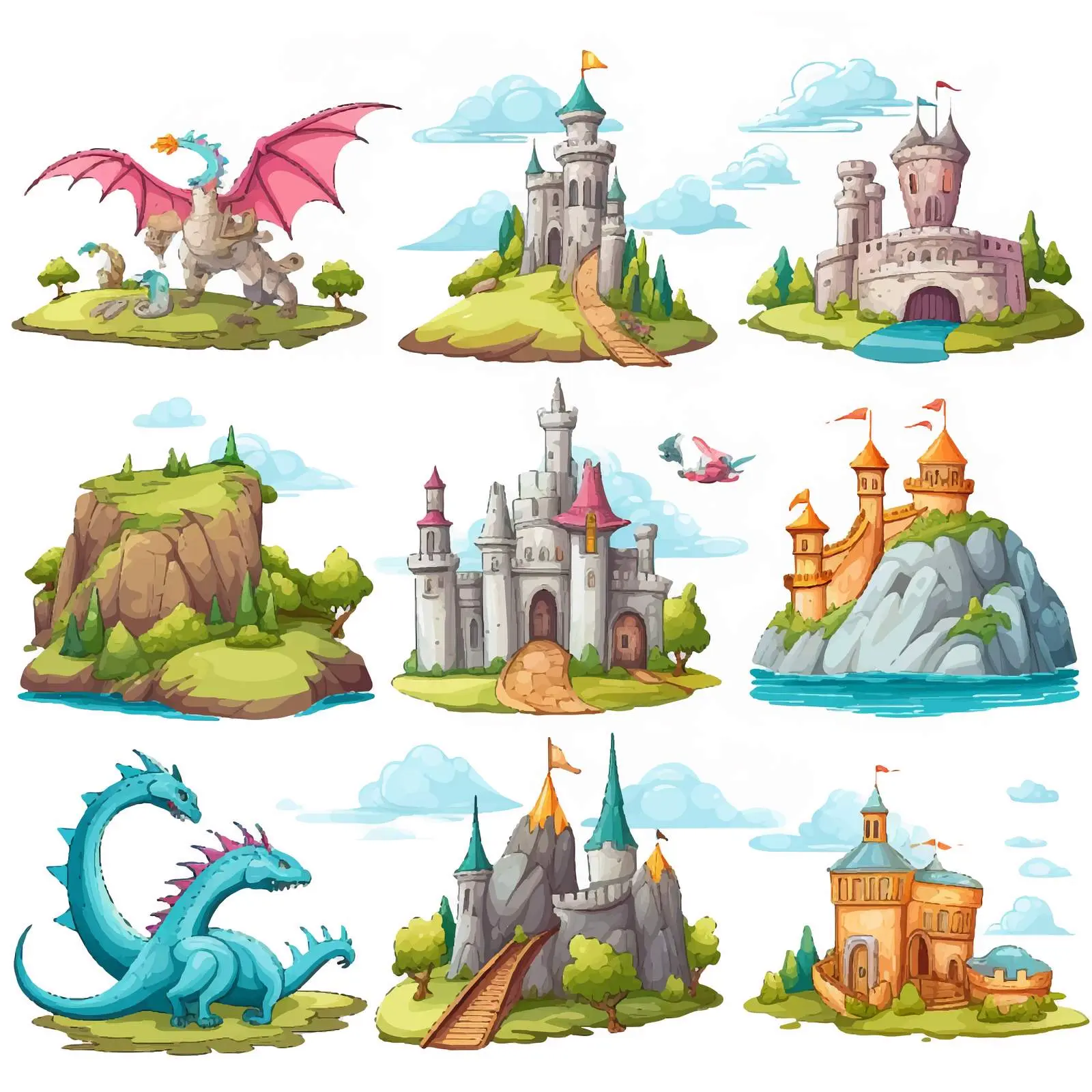 Fantasy World Scenes Featuring Dragons and Adventure — free download from Dotvec
