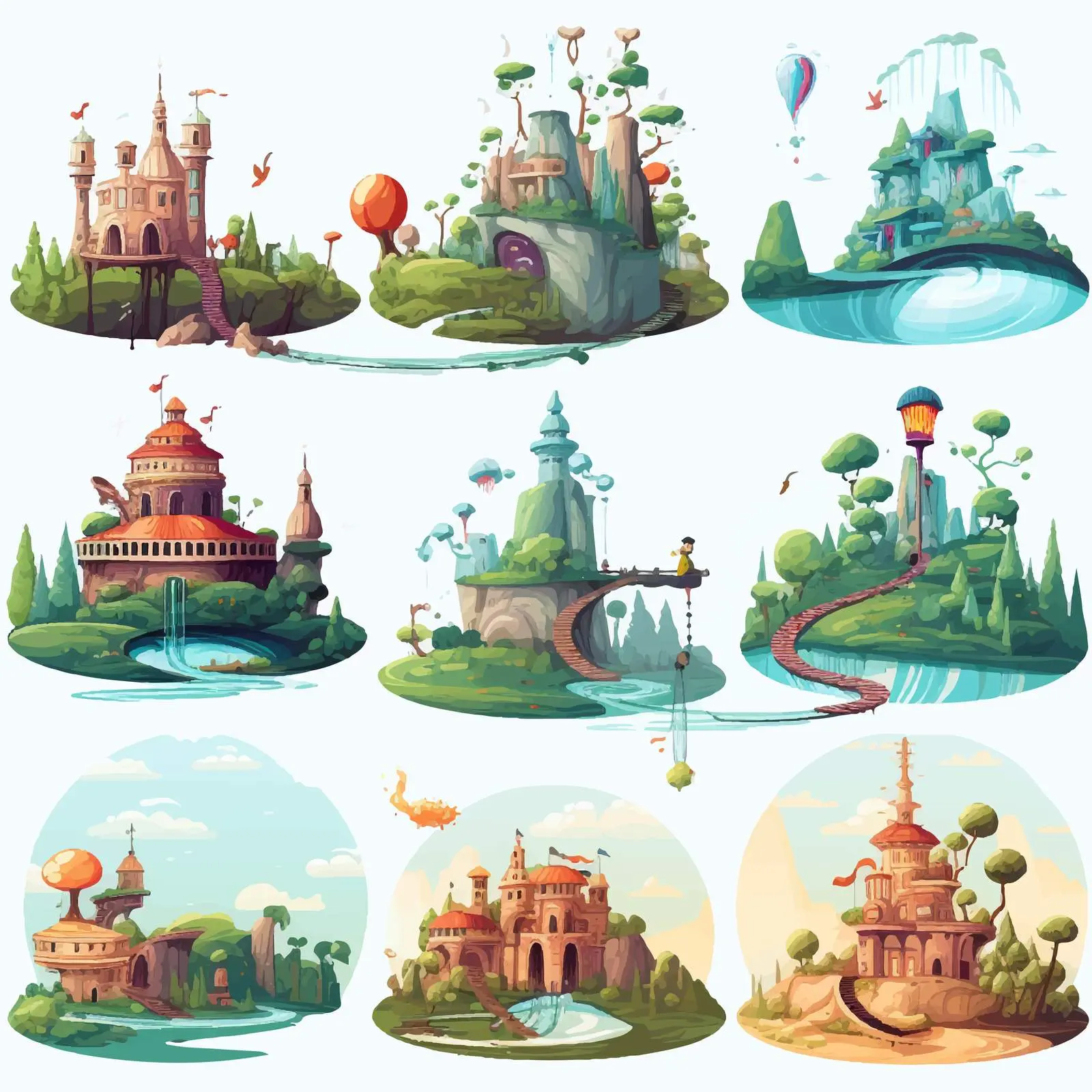 Six Fantasy World Scenes with Unique Places – free adventure illustration image from Dotvec