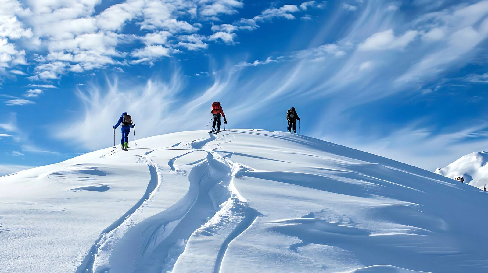 Skiers climb skin track near mountaintop — free download from Dotvec