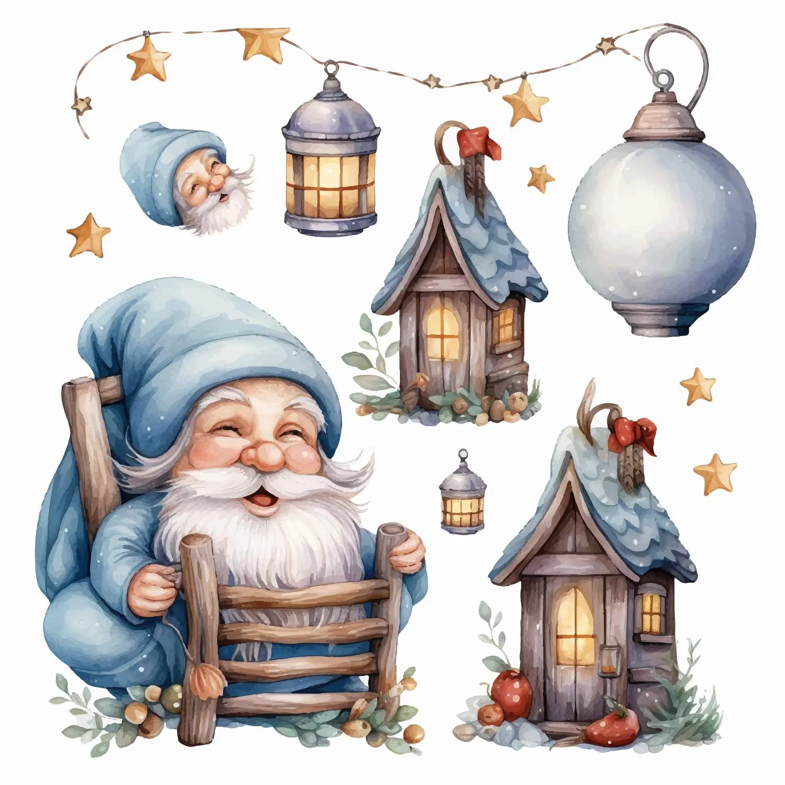 Whimsical Watercolor Gnome Houses under Moonlight — free download from Dotvec