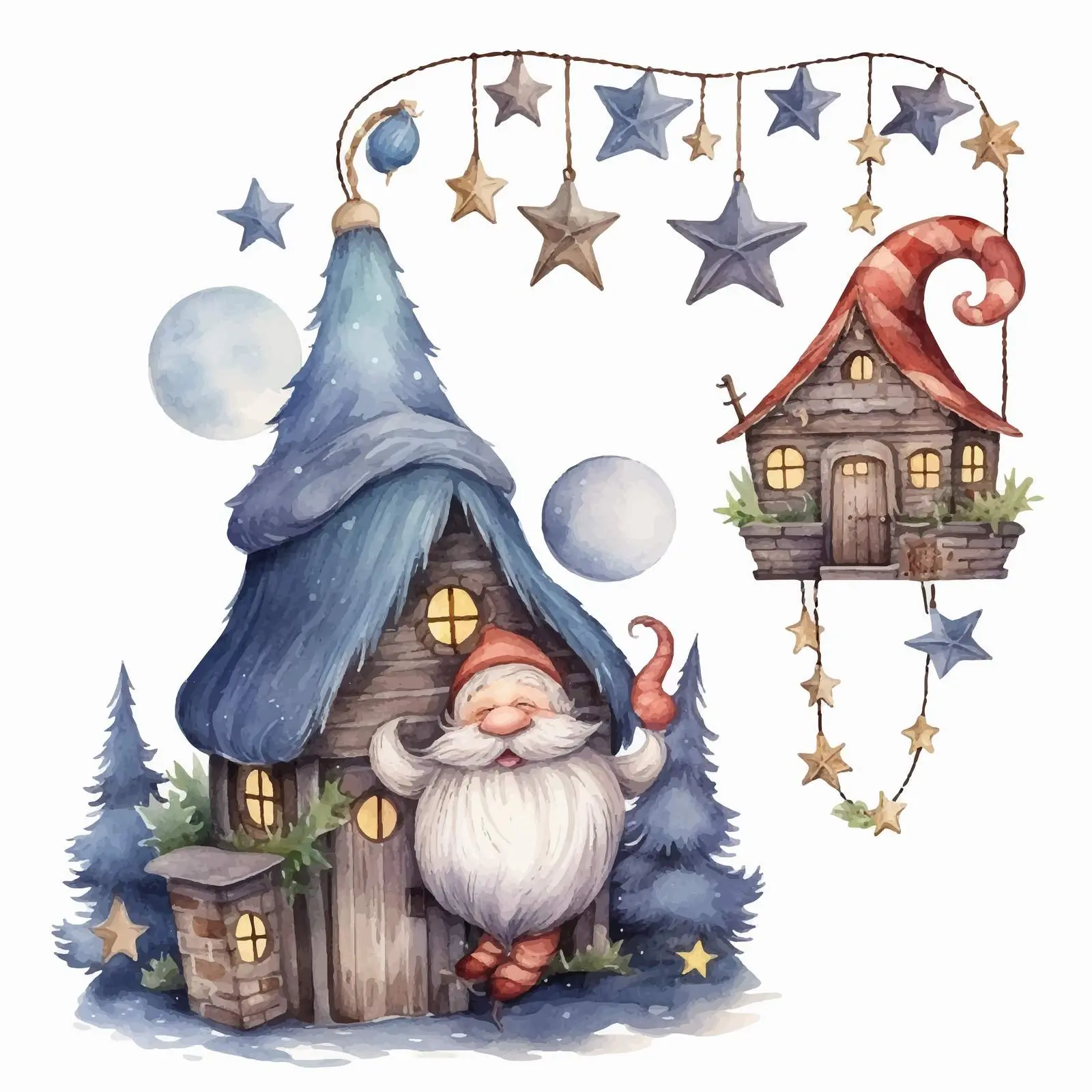 Watercolor Gnome Houses under Moonlight — free download from Dotvec