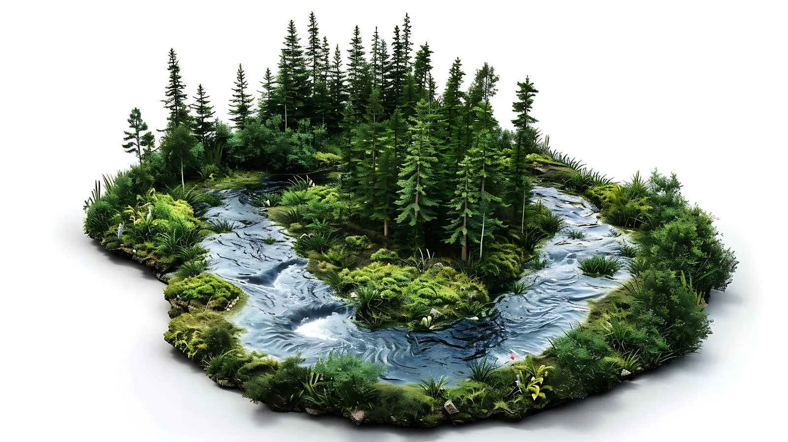 Serene Forest River on White Background – free ecology image from Dotvec