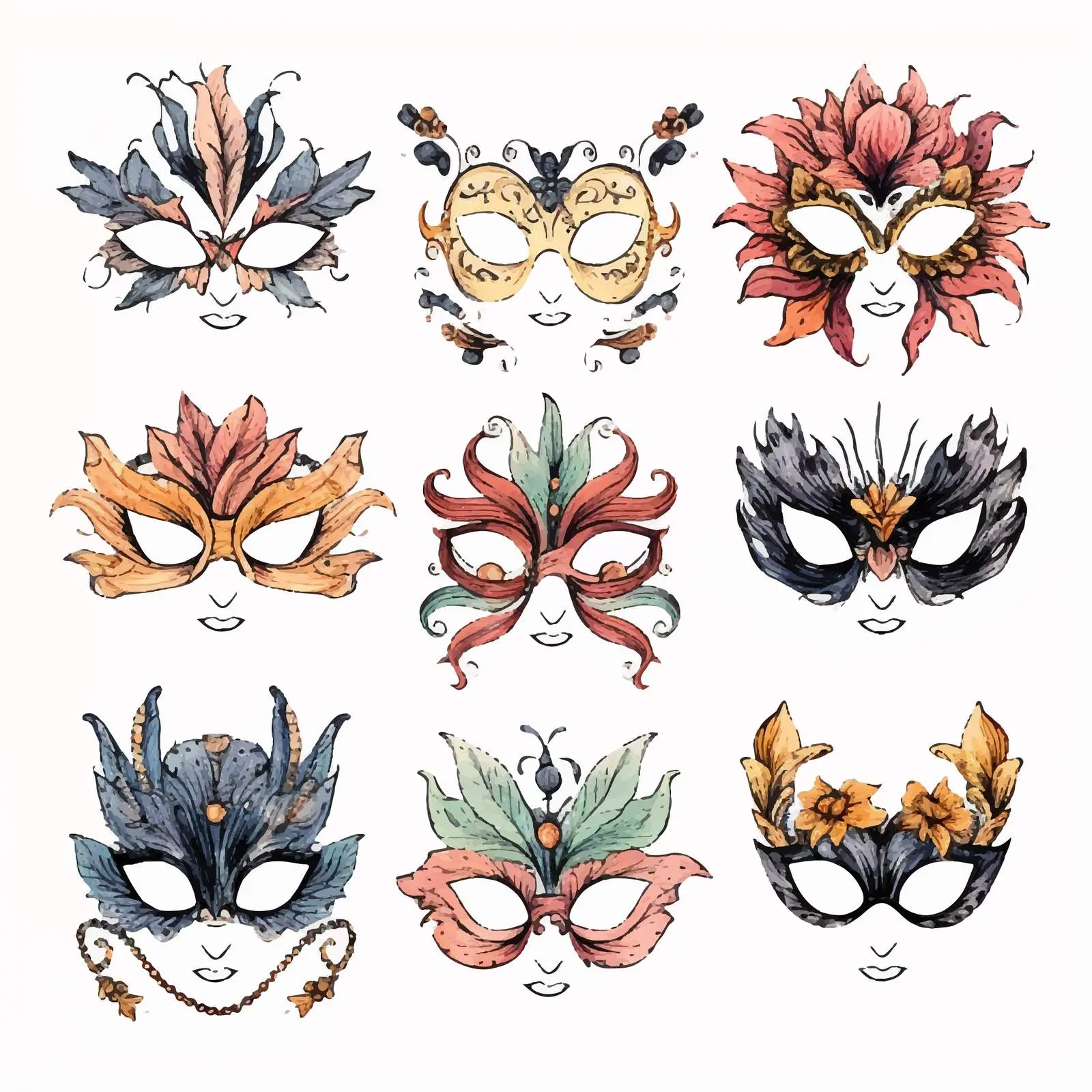 Hand-Drawn Spring Summer Mask Set Vectors — free download from Dotvec