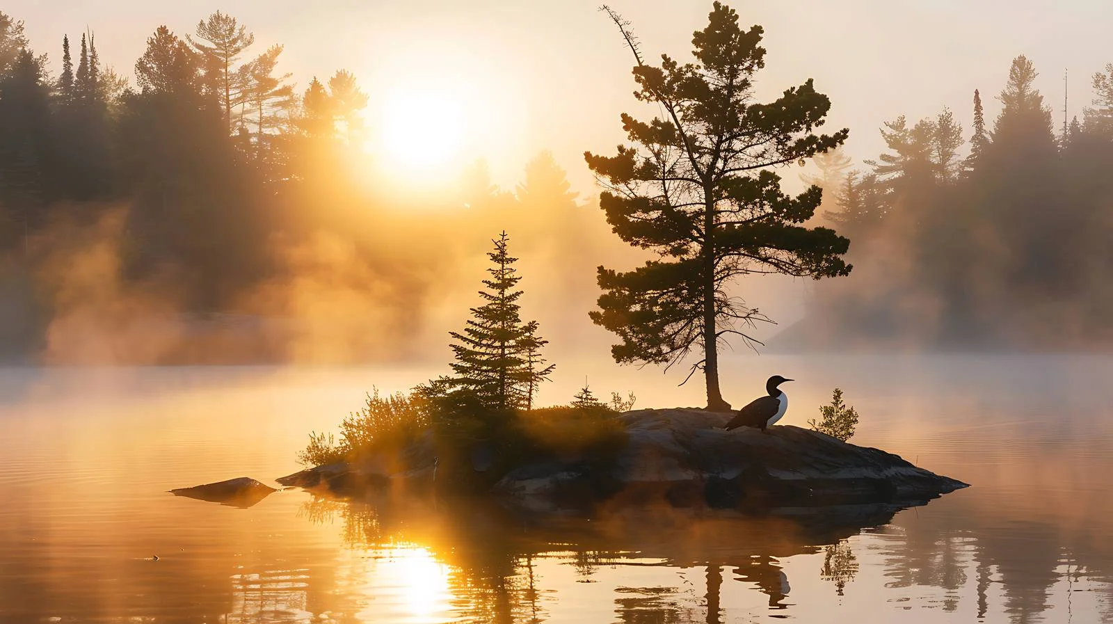 Tranquil Island with Pine Trees, Fog, and Wildlife — free download from Dotvec