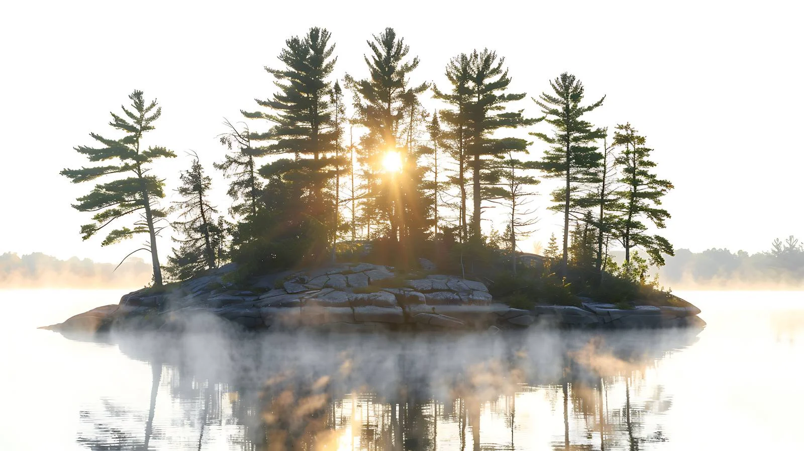 Misty isle with pine trees and bird — free download from Dotvec