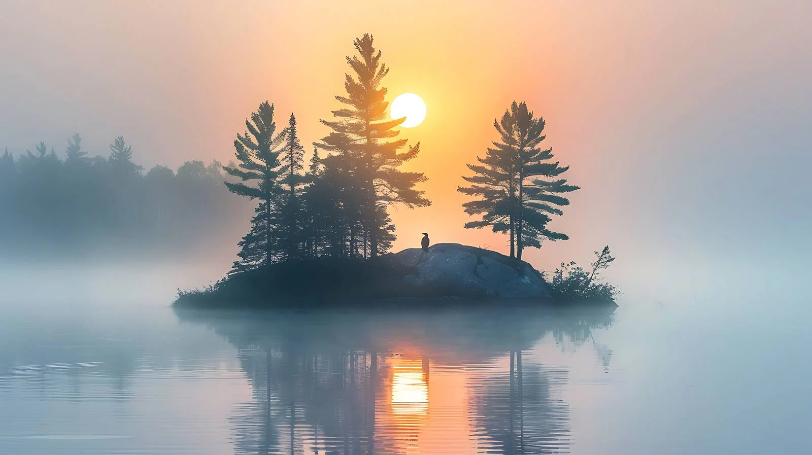 Serene Pine Tree Island in Morning Mist — free download from Dotvec