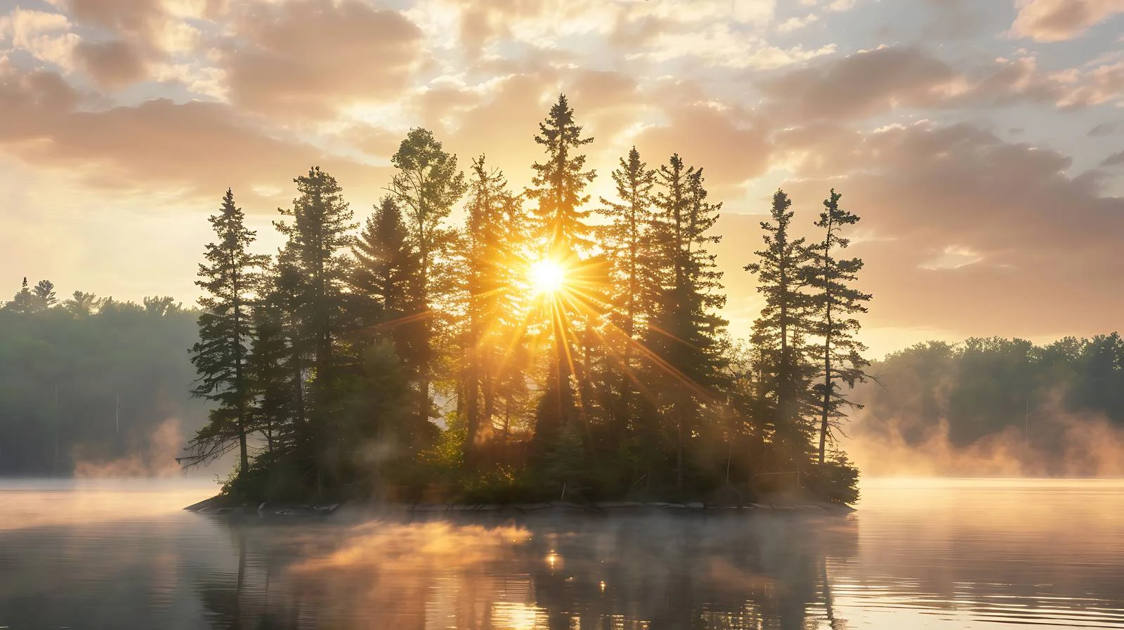 Serene Pine Forest Island in Morning Mist — free download from Dotvec