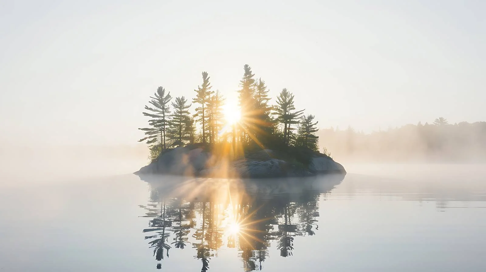 Misty island with pine trees and sunburst — free download from Dotvec