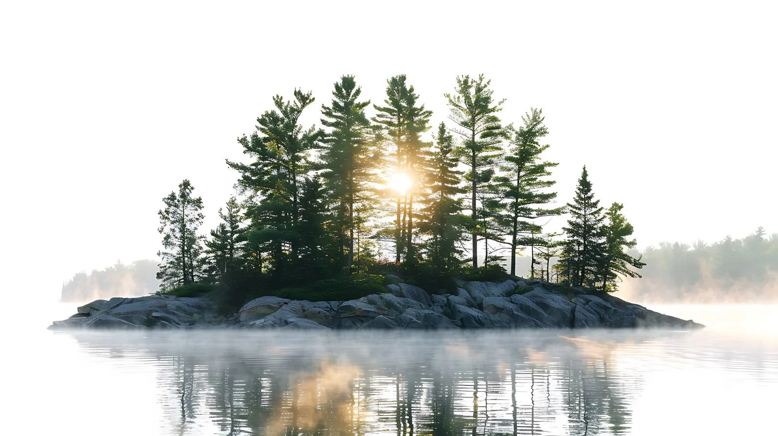 Misty island with pine trees and sunburst — free download from Dotvec