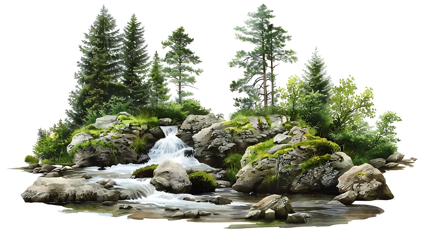 Tranquil Stream in Woodland on White — free download from Dotvec