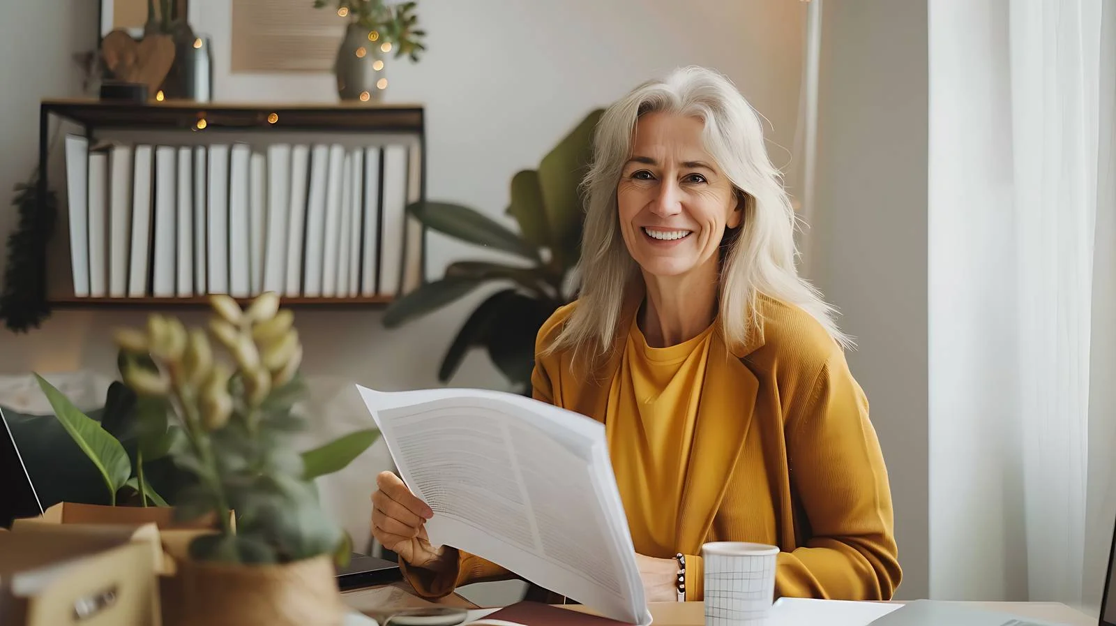 Happy senior woman doing paperwork — free download from Dotvec