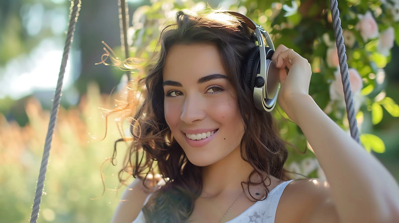 Happy Woman Enjoying Music Sitting Down — free download from Dotvec