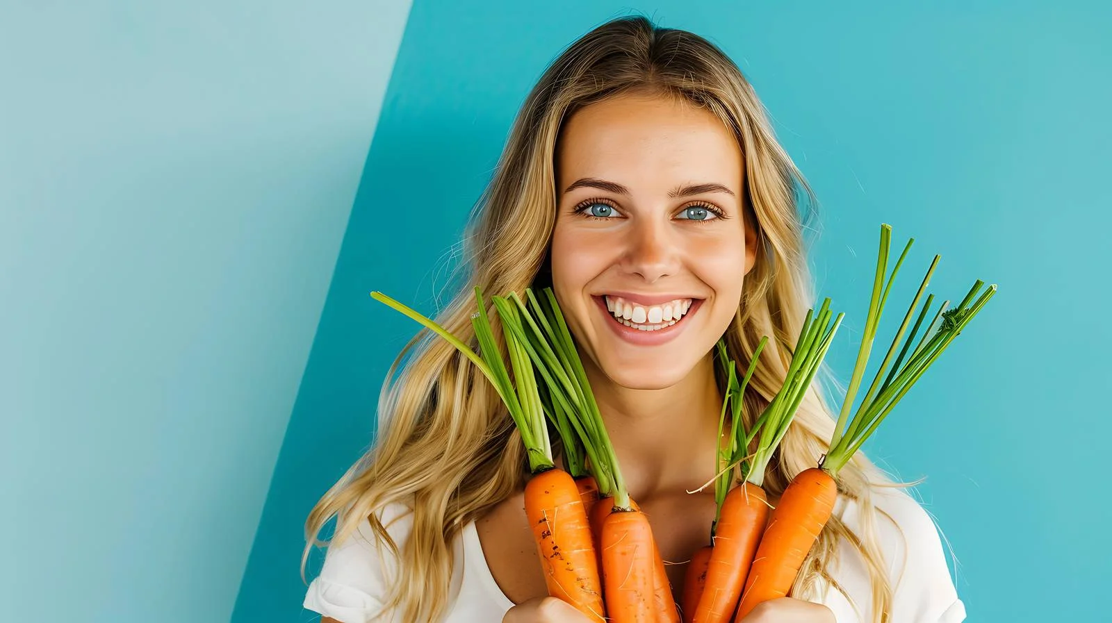 Joyful Woman with Carrots on Blue Background — free download from Dotvec
