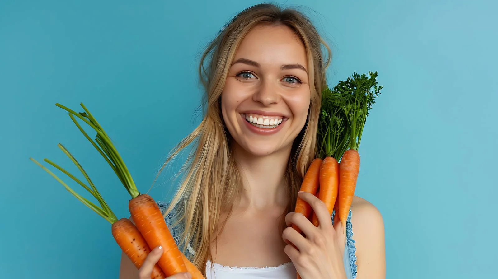 Cheerful Woman with Carrots on Blue Background — free download from Dotvec