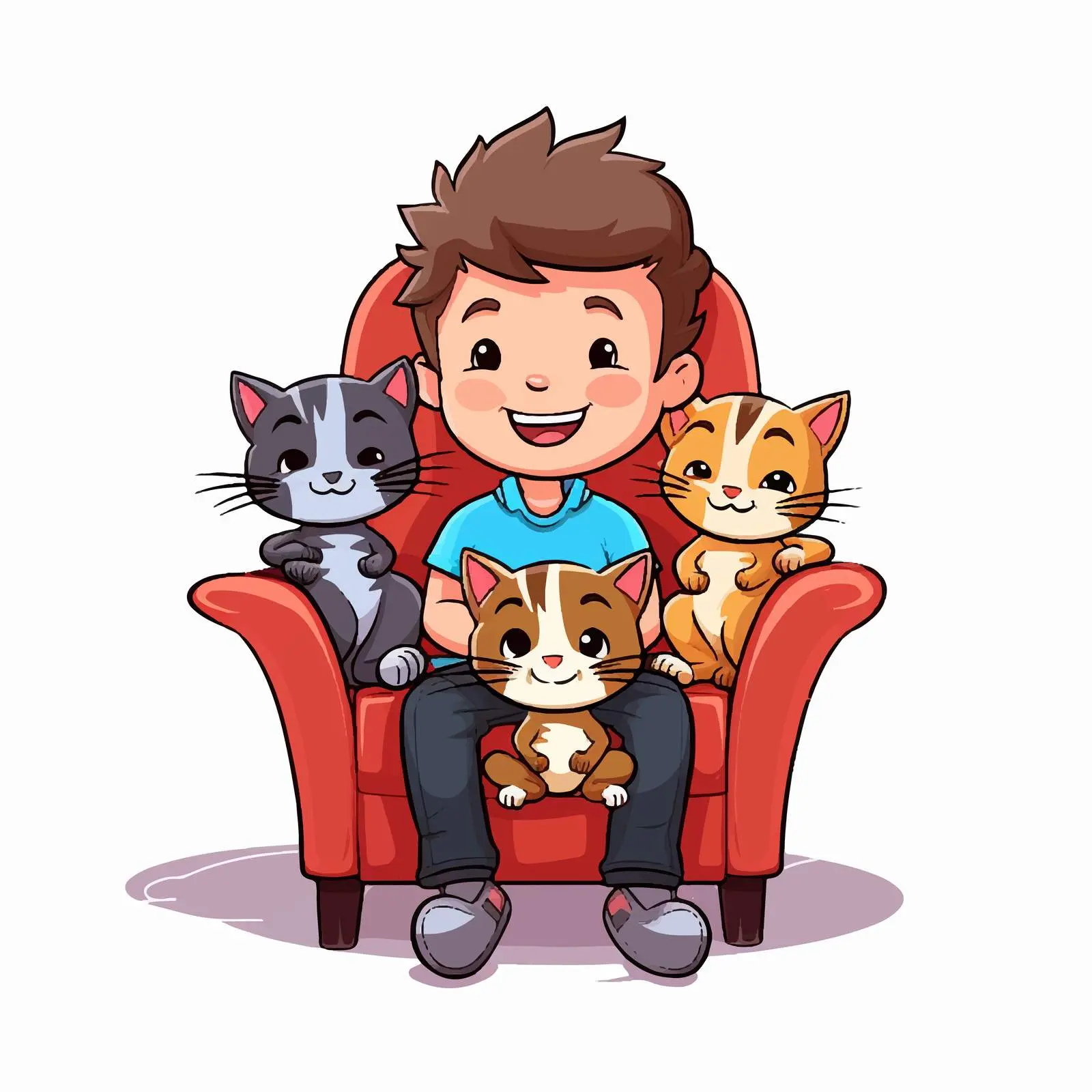 Smiling Boy with Four Cute Cats on Chair — free download from Dotvec