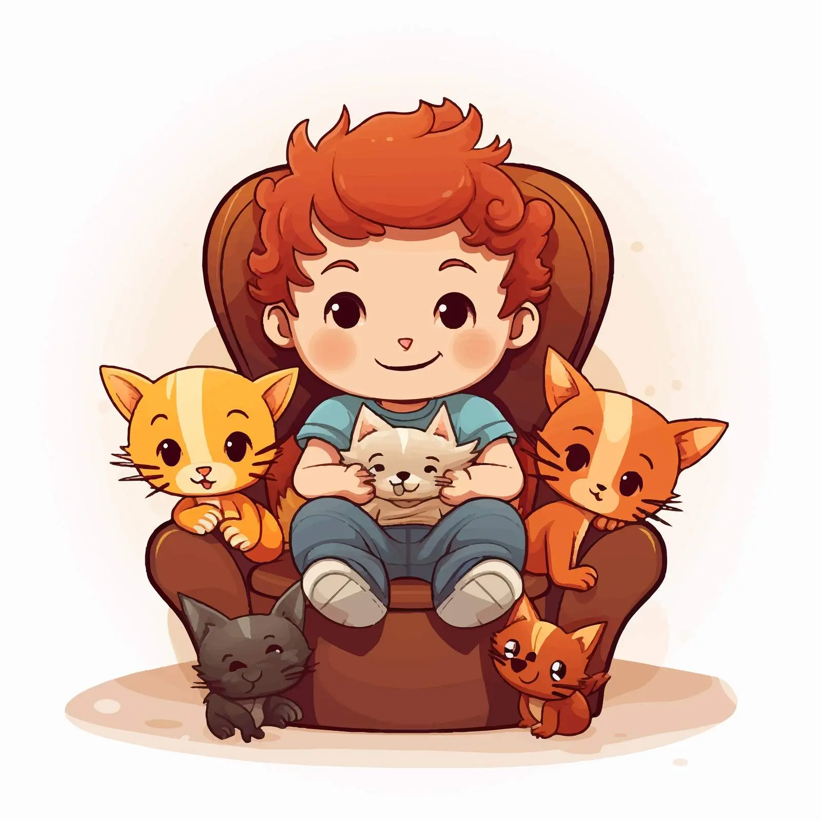 Smiling Boy with Four Cute Cats on Chair — free download from Dotvec