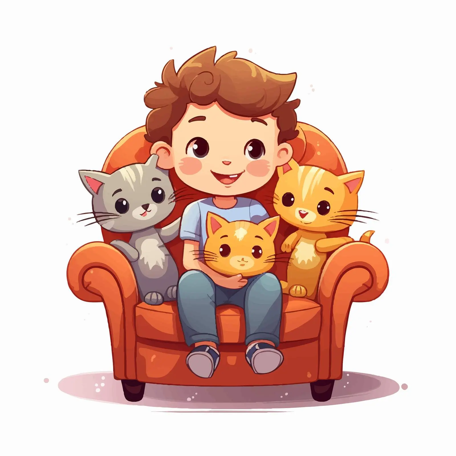 Smiling Boy with Four Cute Cats on Chair – free feline friends image from Dotvec