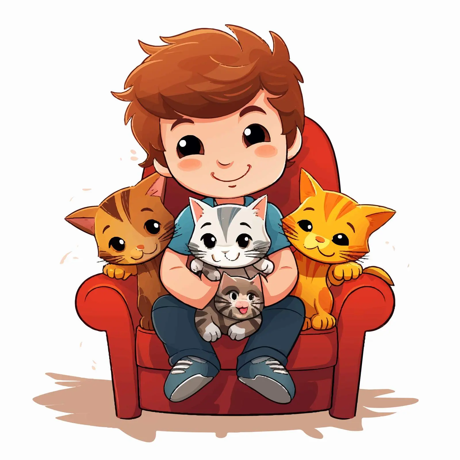Smiling Boy with Cats on a Chair – free feline friends image from Dotvec