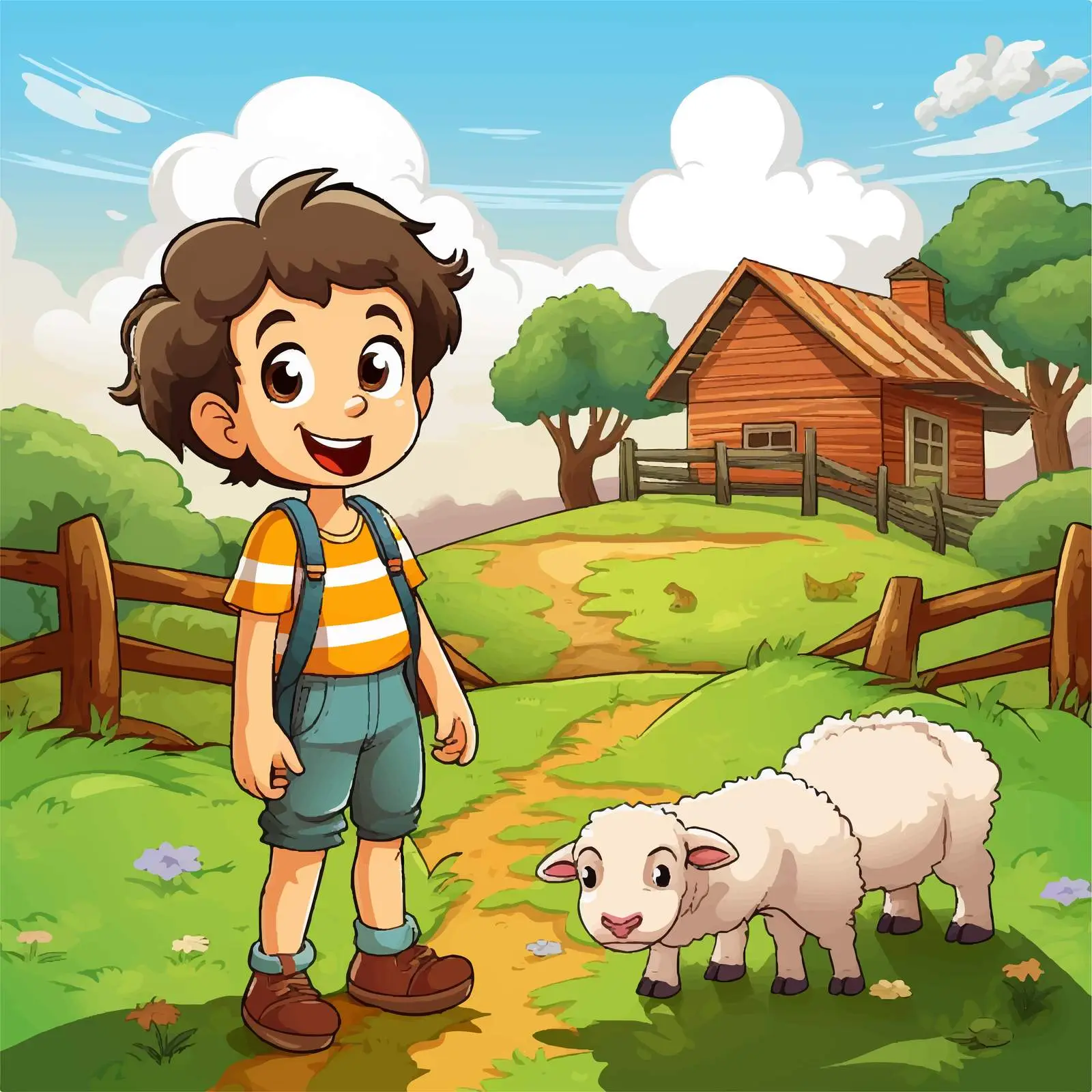 Smiling Boy with Sheep at Rural House — free download from Dotvec